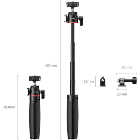 SmallRig 5285B VT-15 - mini statyw 3w1 w kształcie karabińczyka typu Mantis z głowicą kulową, uchwyt, selfie stick - wymiary